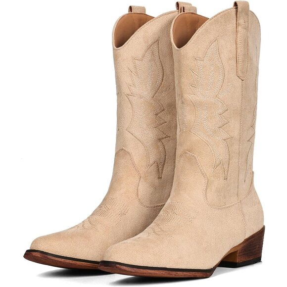 Shoes - Women's Suede Camel Western Boots Cowgirl Boots Pull On Pointy Toe Mid Calf